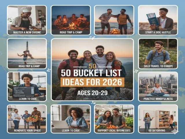 Young adults planning their bucket list for 2026 with travel and adventure ideas